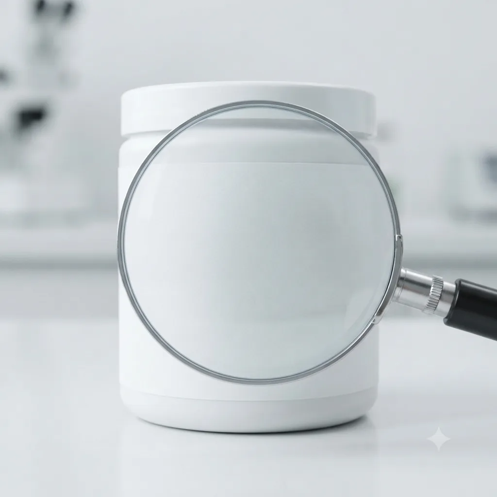 Illustration: a magnifying loupe resting on a blank white protein tub, examining its label area.