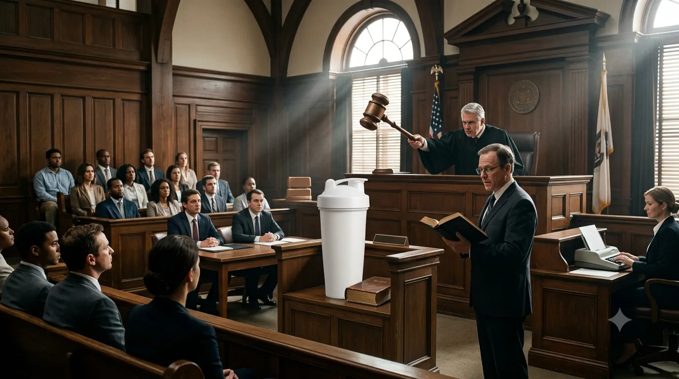 Illustration: an oversized white shaker bottle stands in the witness box of a wood-panelled courtroom while the judge raises a gavel, an attorney holds an open book, and a jury and gallery look on.