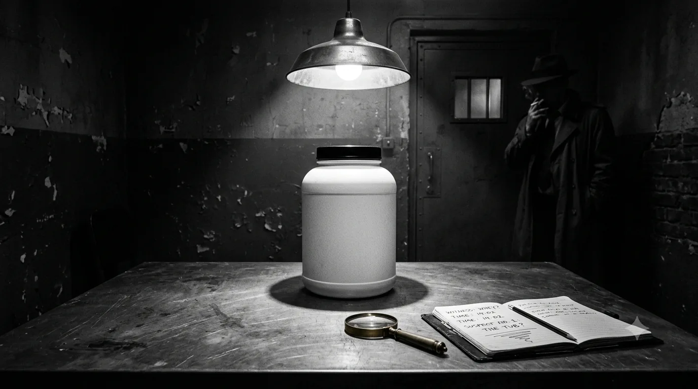 Illustration: a blank white protein tub sits under a hanging lamp in a dim interrogation room, with a magnifying glass and an open notebook on the metal table and a figure in a coat and hat standing by the door.
